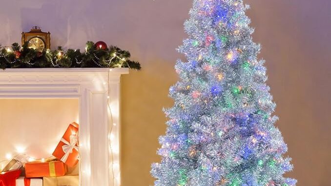 6FT Bent Top Artificial Christmas Tree with 300 Colorful LED Lights, Prelit Halloween Christmas Tree with Gold Star and 900 Bendable Branch Tips, Pre lit Hinged Fir Xmas Tree for Indoor Decor (White)