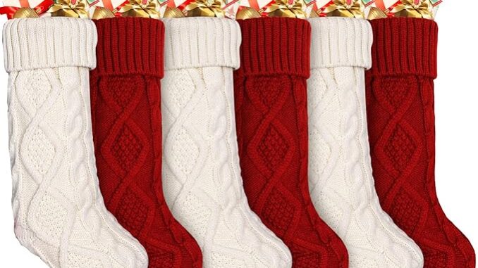 Ankis Large Christmas Stockings 6Pack -18 Inches Christmas Stockings Double-Sided Cable Knitted Xmas Stockings Personalized Burgundy Red and Cream for Family Christmas Party Classic Decorations